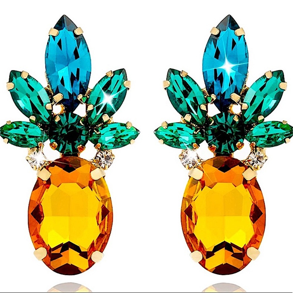 Betsey Johnson Rhinestone Crystal Pineapple Statement Earrings